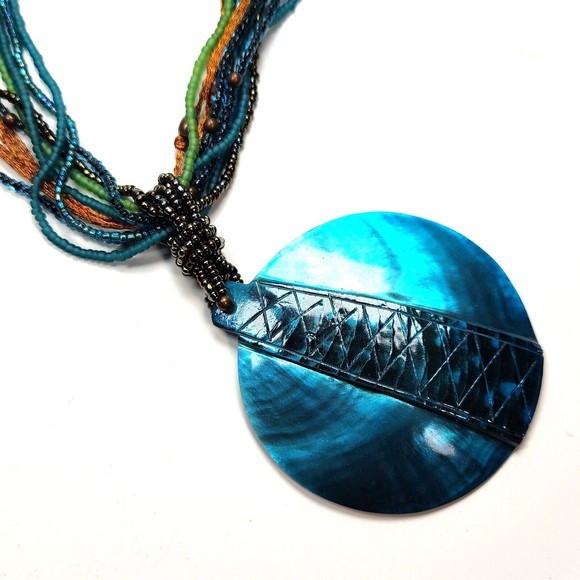 Mother of Pearl Pendant Necklace Dyed Ocean Blue Beaded Multi-Strand 24 in. - Picture 5 of 9